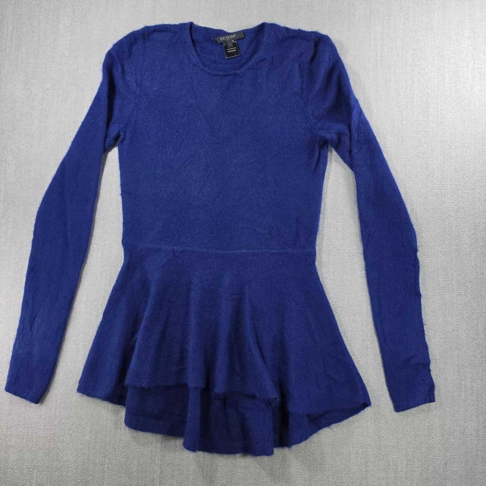 Scoop NYC Peplum Sweater Womens Small Blue 100% Cashmere Long Sleeve Crew Neck